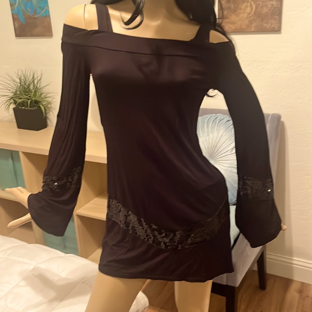 Black over the shoulder top with sequins